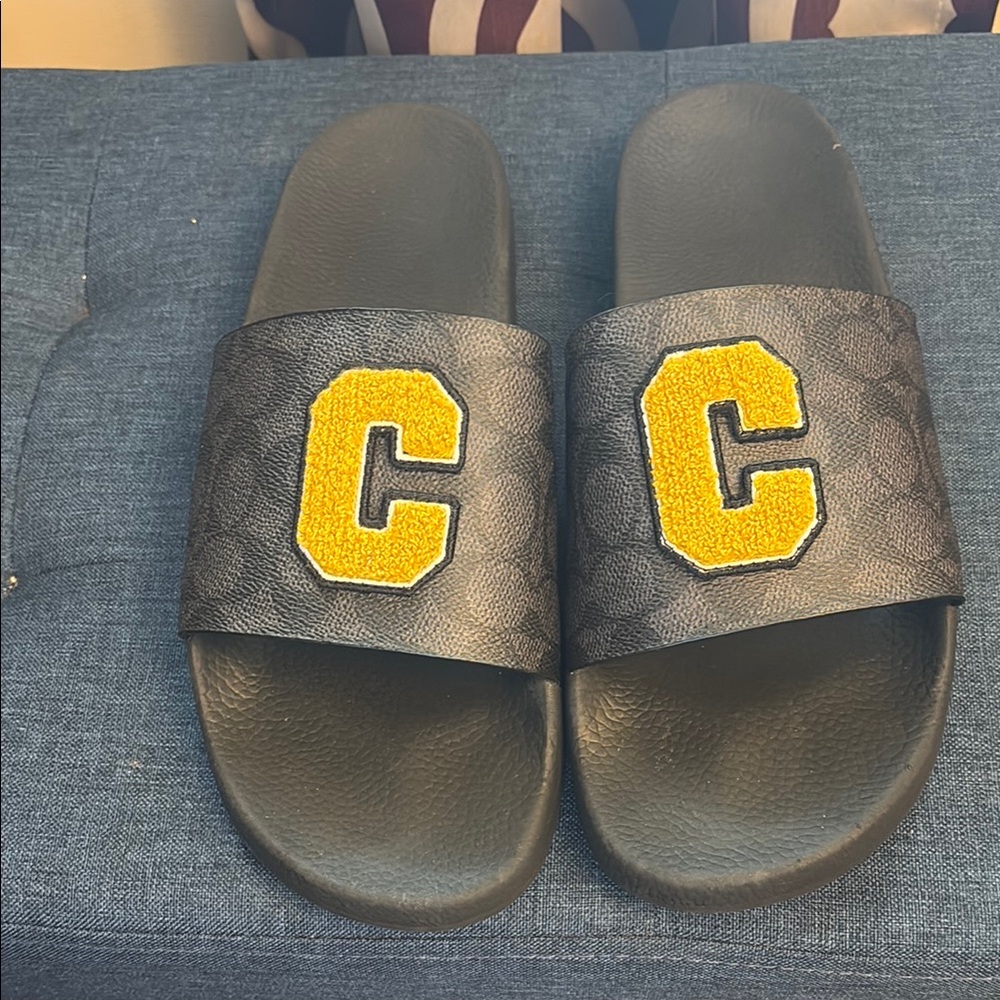 Coach Black and Yellow Slide Sandals with Varsity 'C' Emblem